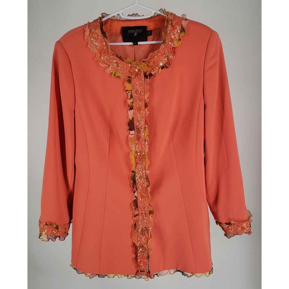 Rare Louise Ricci Embellished Beaded Sequin Button-Up Jacket Size 12 Fall Formal